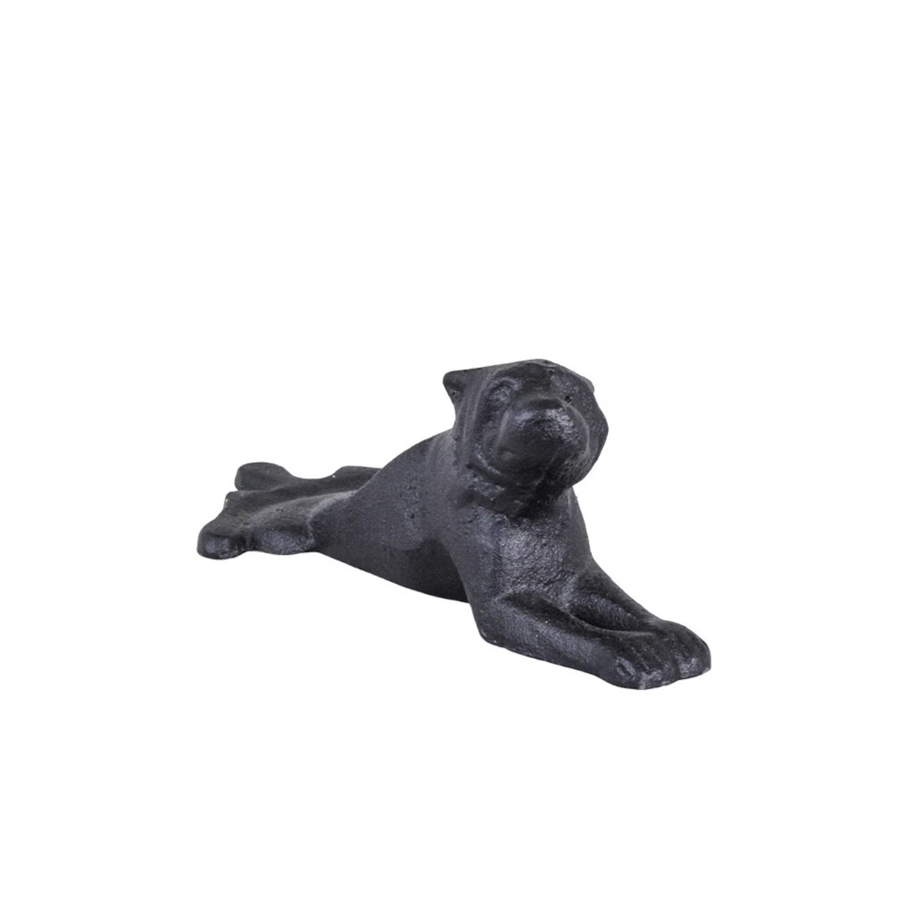 The Strömshaga Door Stopper Dog, in cast iron, features a dog lying down with extended front legs and raised head—an ideal decorative door stopper for dog lovers.