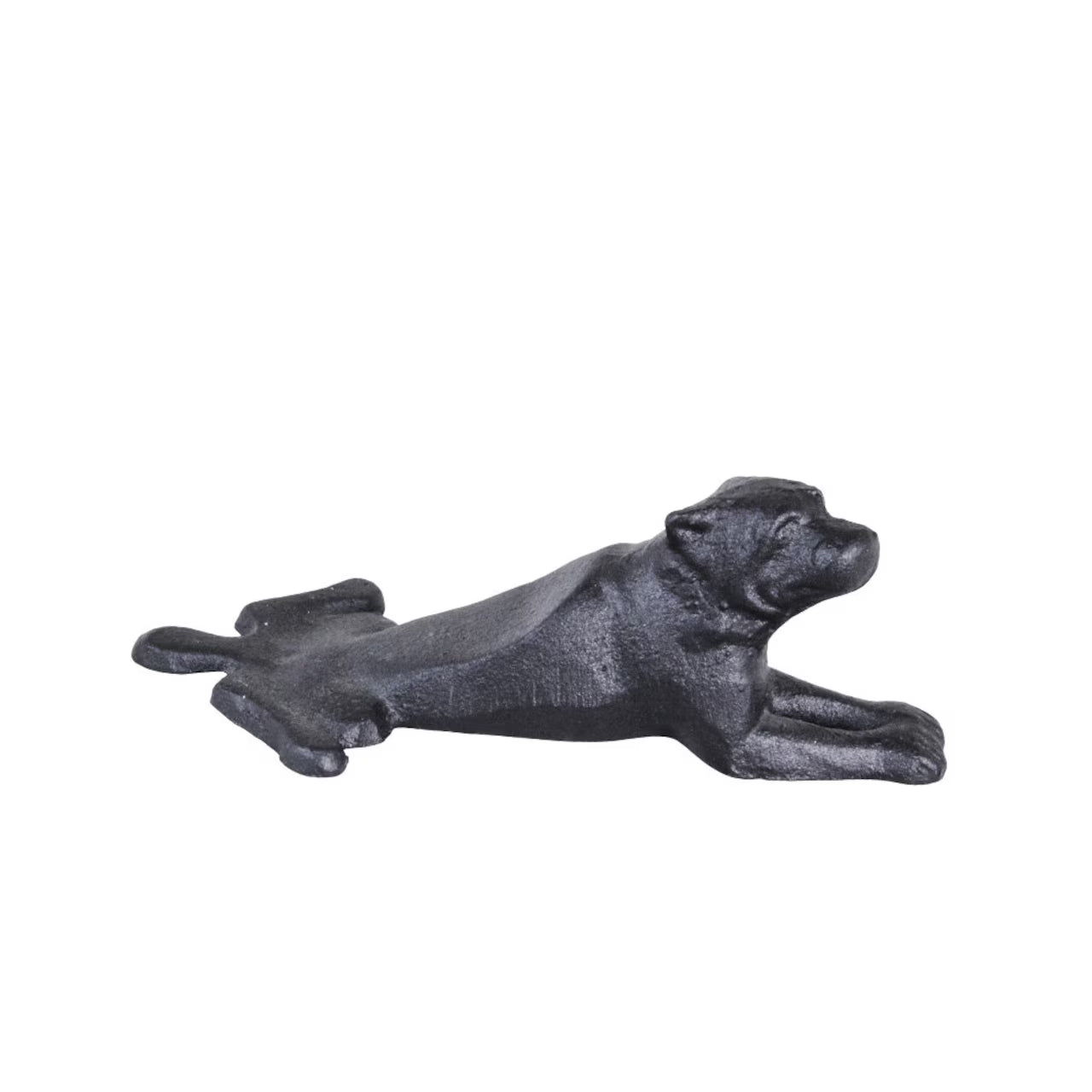 The Strömshaga Door Stopper Dog, in cast iron, features a black dog lying down with front legs extended and back legs stretched behind—perfect for dog lovers.