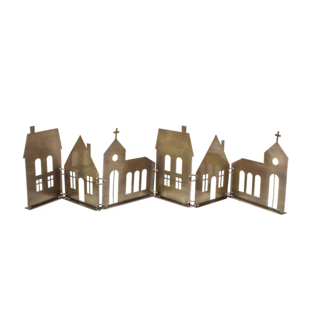 The Decorative Row City in Antique Brass by Strömshaga is a folding metal fireplace screen featuring house and church cut-outs, ideal as city skyline decor or festive Christmas home accent.