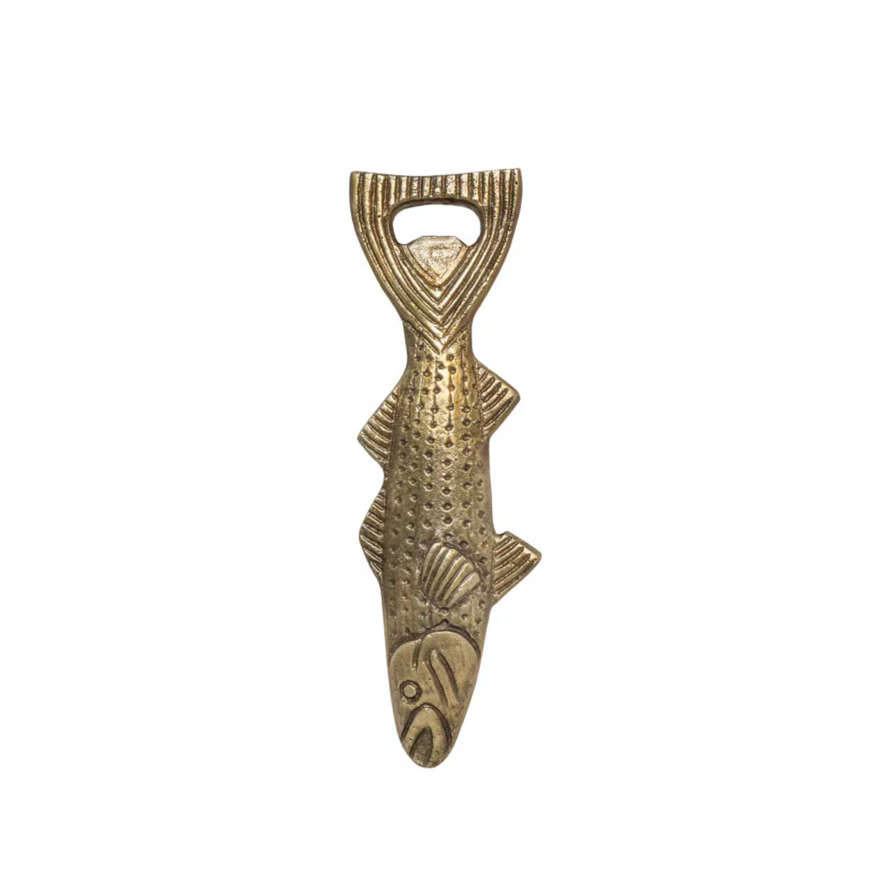 The Bottle Opener Fish by Strömshaga features an antique brass finish and fish-shaped design with detailed scales, fins, and tail—making it a charming decorative accessory for any home bar.