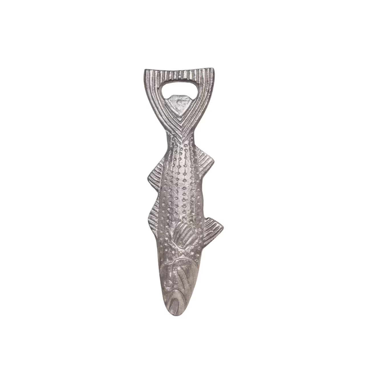 The Strömshaga Bottle Opener Fish in Antique Silver features a decorative fish design with the opener at the tail, set against a white background.