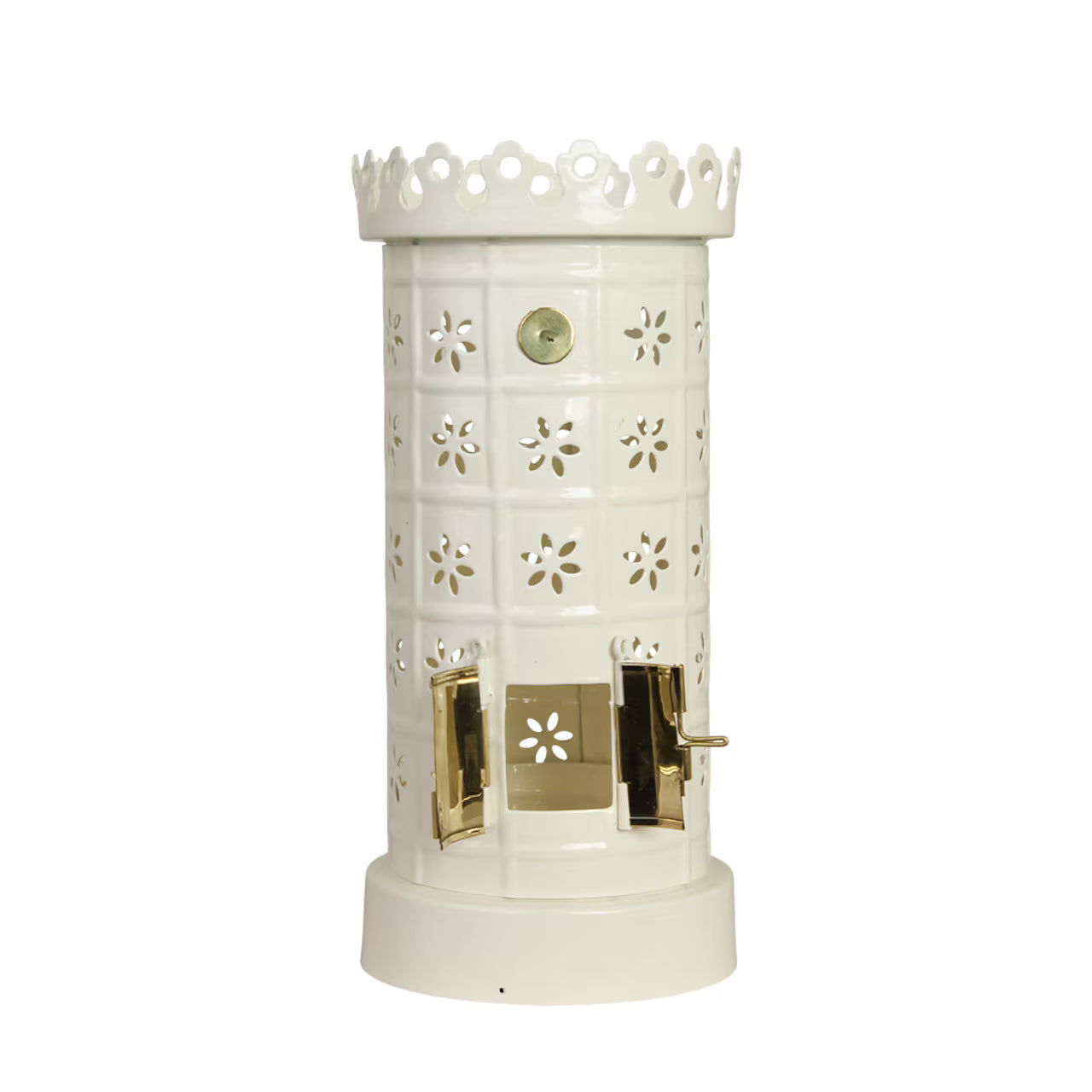 The Strömshaga Tea Light Holder, Tiled Stove in White, features a decorative ceramic design with cut-out flower patterns, a crown-like top edge, round gauge, and gold doors reminiscent of classic tiled stoves.