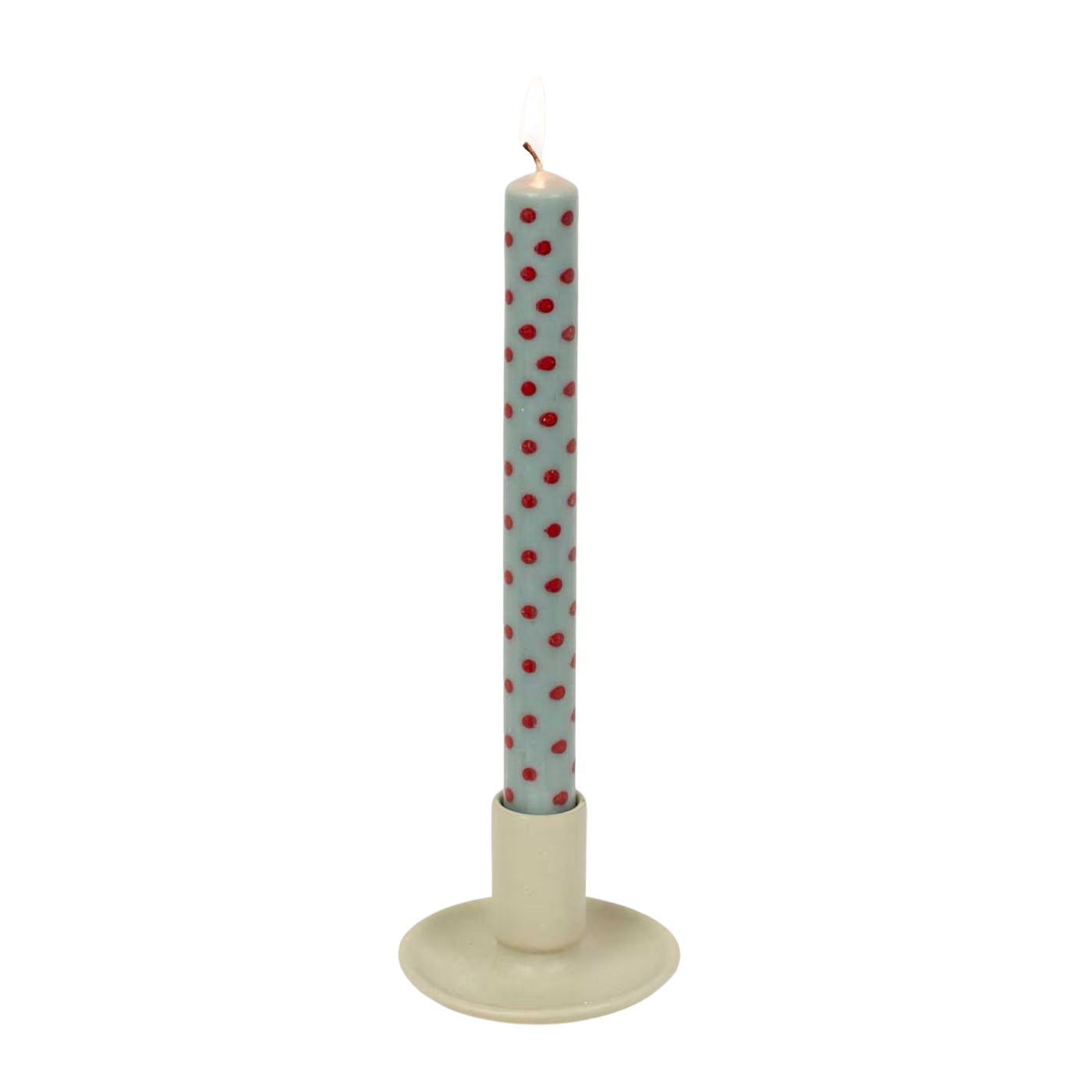 A World of Craft’s Candles Minidot Lightblue & Red, Handmade 2 Pack, features a lit blue taper candle with red polka dots in a simple white holder against a plain background, highlighting the appeal of colorful candles.