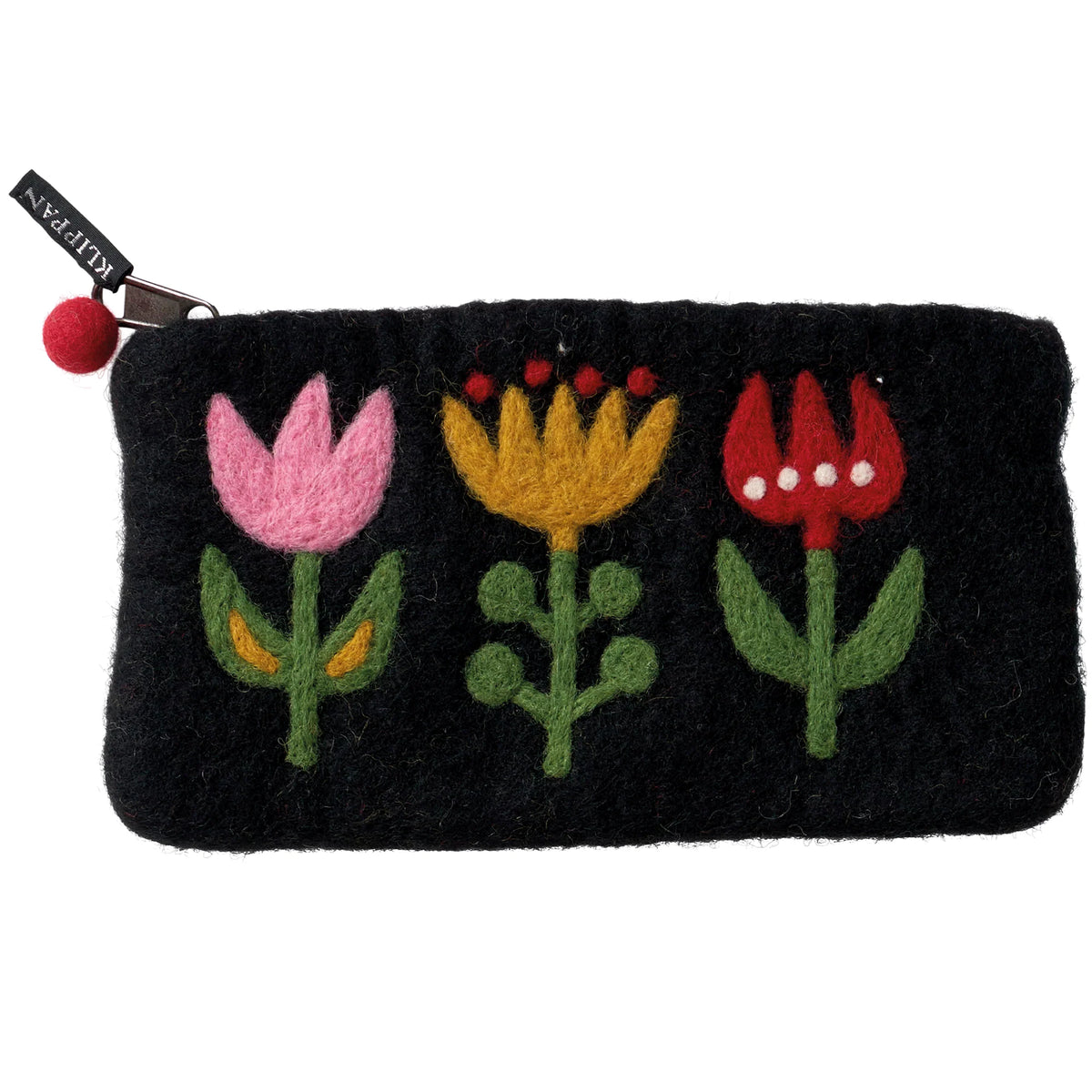 Introducing the Felted Wool Purse Tulip in Black by Klippan Yllefabrik—a handmade, hand-felted wool purse featuring a zippered closure. The front is adorned with three colorful felt flowers in pink, yellow, and red, while a small red felt ball decorates the zipper pull. This purse combines charm and practicality with playful design inspiration.