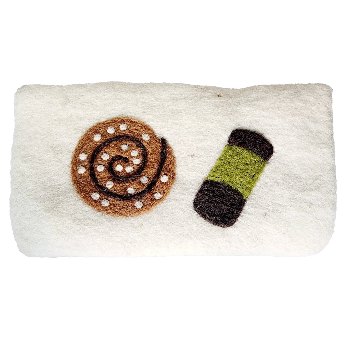 The Felted Wool Purse Swedish Fika Cinnamon Bun & Dammsugare by Klippan Yllefabrik showcases a cozy white felt surface adorned with handmade illustrations of a brown cinnamon bun and a green-and-black dammsugare, capturing the inviting spirit of Swedish fika.