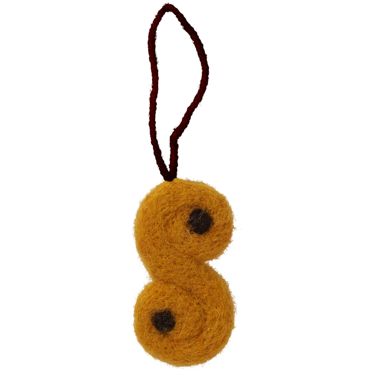 A yellow, hand-felted wool hanging decoration—Lussekatt (Saffron Bun) by Klippan Yllefabrik—is crafted in the shape of two stacked circles with a small dark spot on each, and comes with a brown loop for hanging—perfect as a charming Christmas ornament.