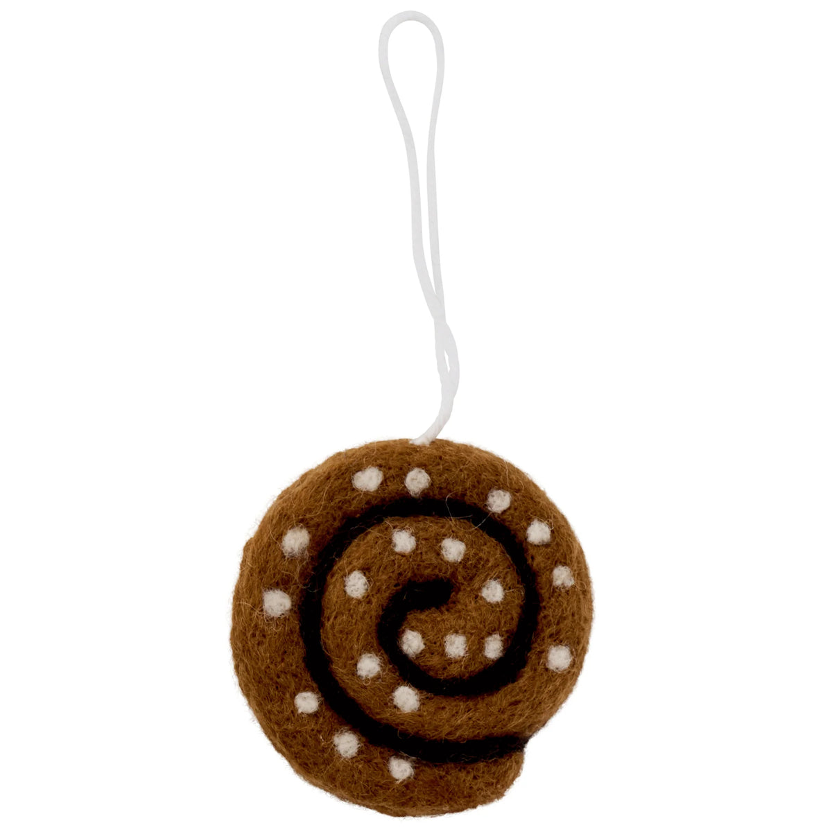 The Klippan Yllefabrik Felted Wool Hanging Decoration Cinnamon Bun is a handmade ornament crafted from brown wool with a dark swirl and white dot accents, shaped like a Swedish cinnamon bun and hanging from a white loop string.