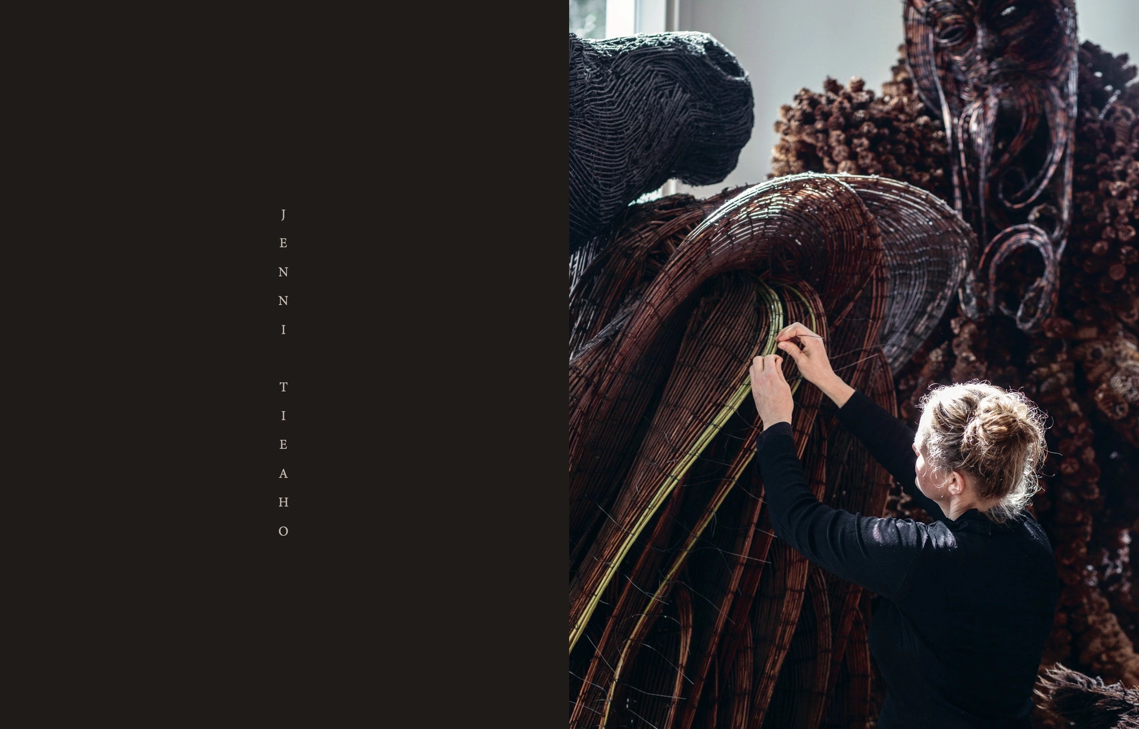 A woman with blonde hair weaves natural materials into a large sculpture, reflecting Finnish heritage. "Genuine – Handmade Beauty from the North" by Cozy Publishing is written vertically on the dark left side of the image.