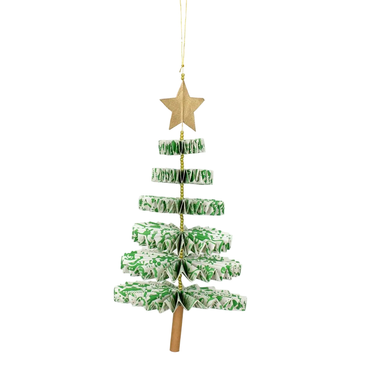 The Fold Fir Tree Big Christmas Ornament by A World of Craft is a handcrafted holiday decoration featuring an intricately folded fir tree design in green and white paper, topped with a gold star, accented by a brown paper trunk, and elegantly hung from a gold string.