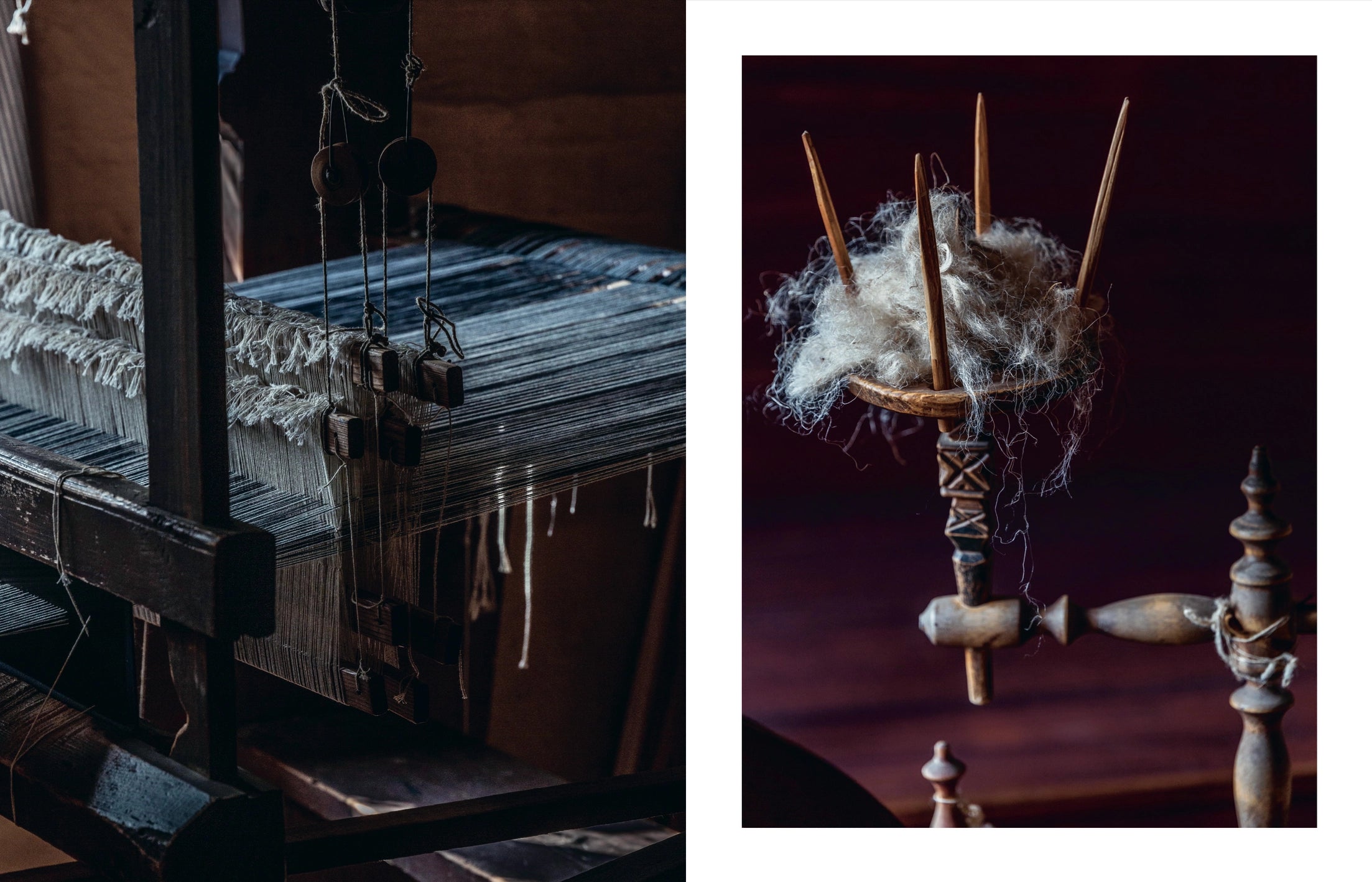 A close-up scene from "Genuine – Handmade Beauty from the North" by Cozy Publishing shows a weaving loom and spinning wheel, highlighting Finnish artisanal heritage in rich brown tones.