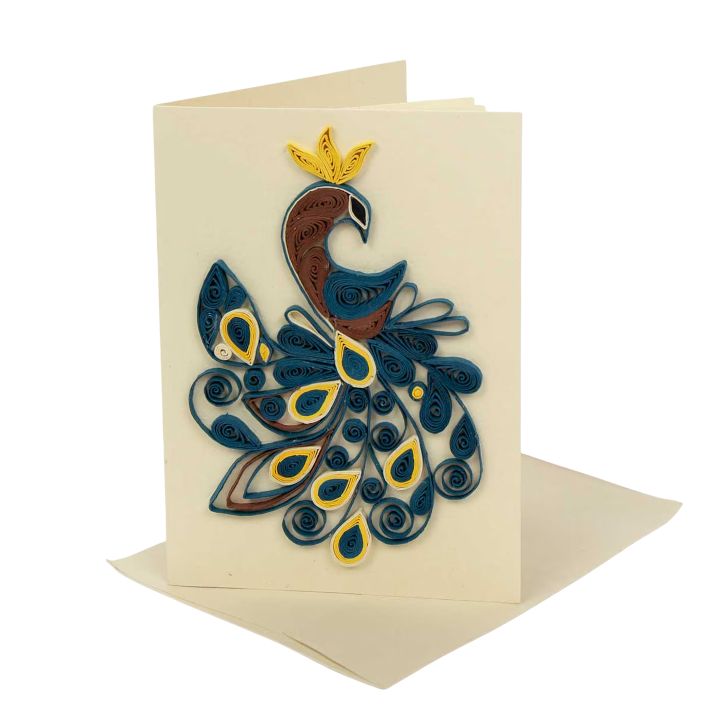 The Peacock Greeting Card, Handmade by A World of Craft, features a cream-colored double-folded card with a peacock crafted from blue, yellow, and brown paper quilling strips. Includes envelope; beautifully handmade.