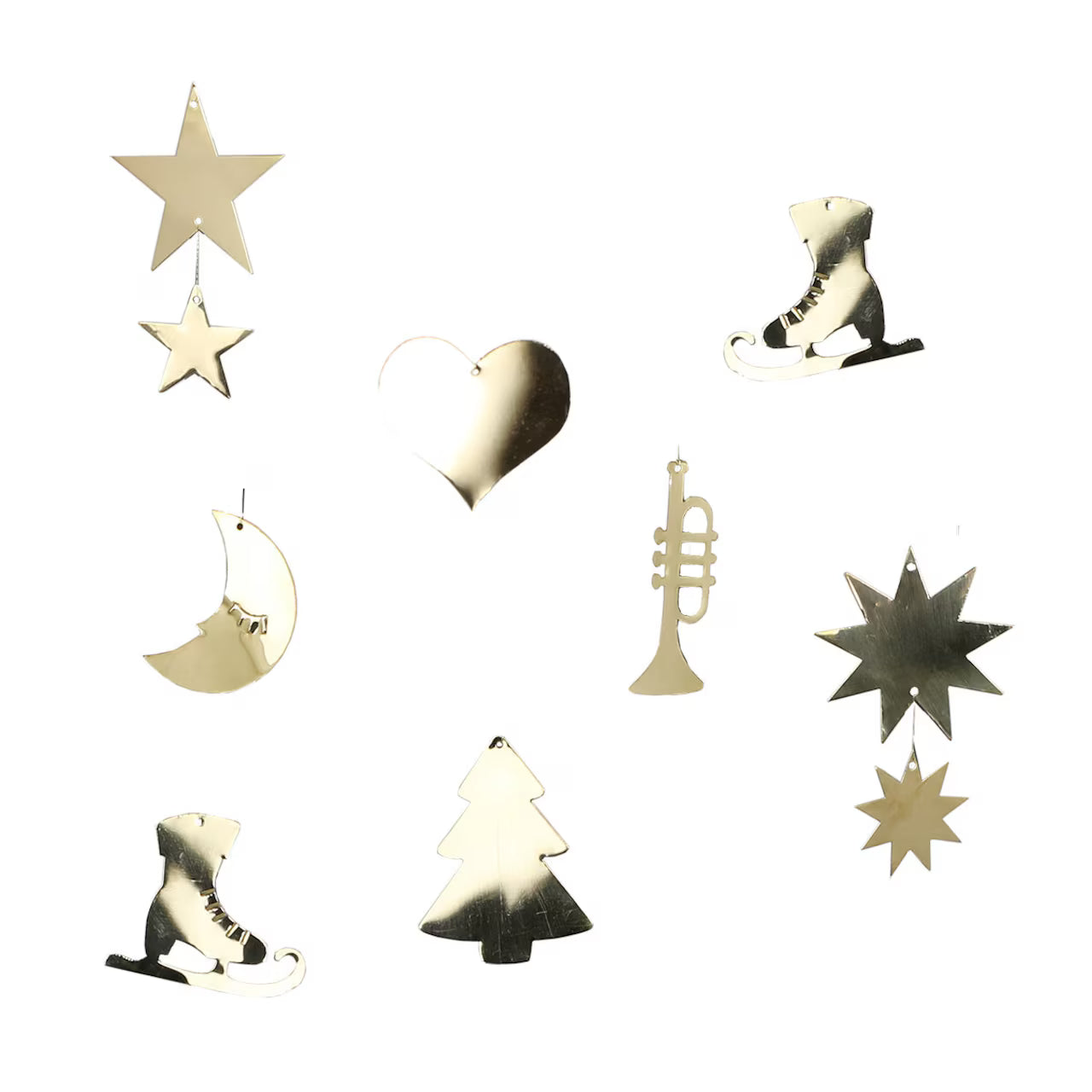 Strömshaga Hanging Ornaments, Set of 6 in Brass, feature classic Christmas motifs—stars, moon, heart, ice skates, Christmas tree, and trumpet—perfect as charming decorations for your holiday tree.