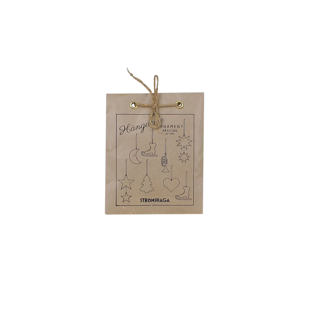 A brown paper package labeled Strömshaga Hanging Ornaments, Set of 6, Christmas, in Brass—features line drawings of classic motifs and is tied with string. Perfect for adding charm to your Christmas tree decorations.