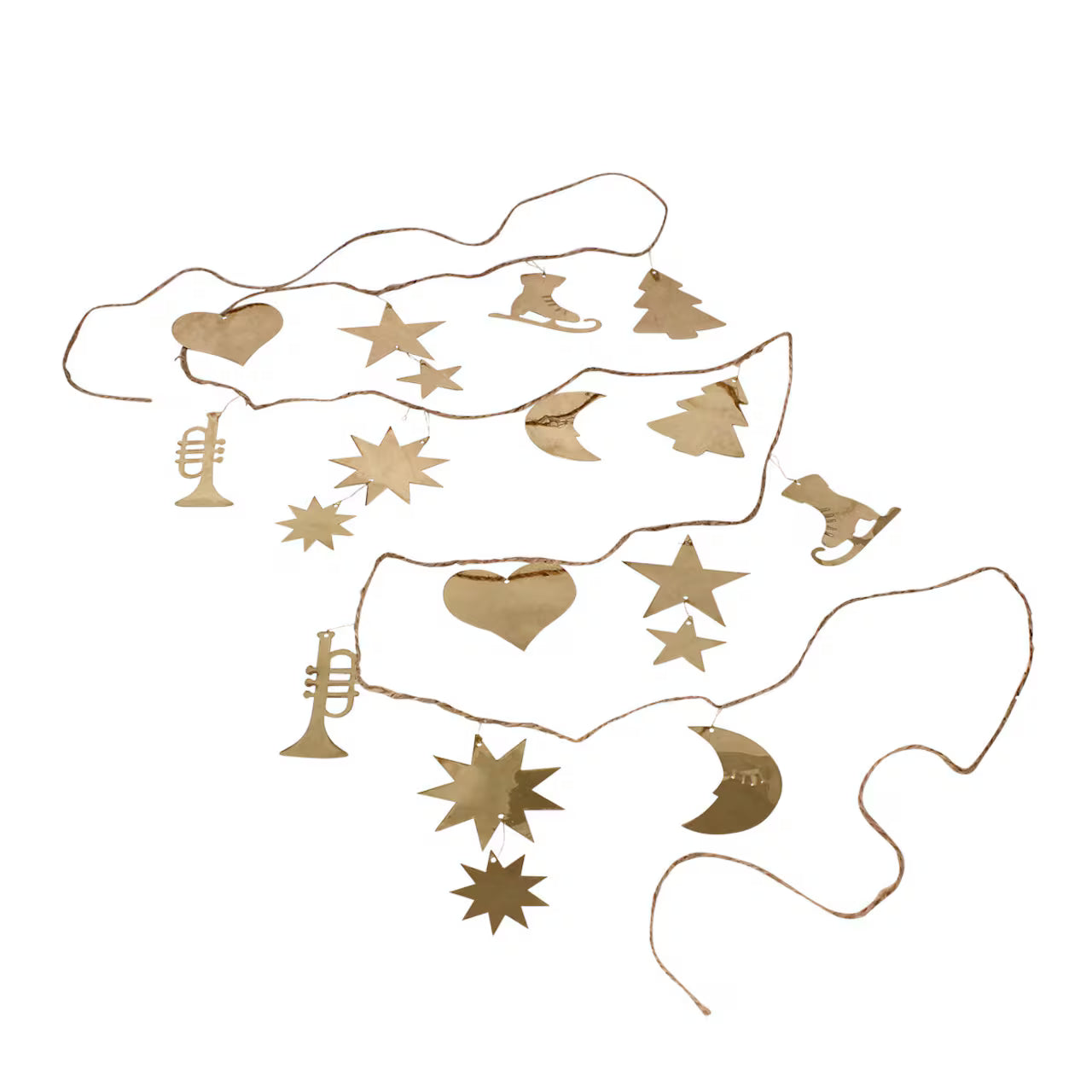 The Strömshaga Garland with Ornaments in Brass (2.7m) features gold-colored Christmas motifs—stars, heart, moon, tree, trumpet, rocking horse, and angel—displayed on a white background.