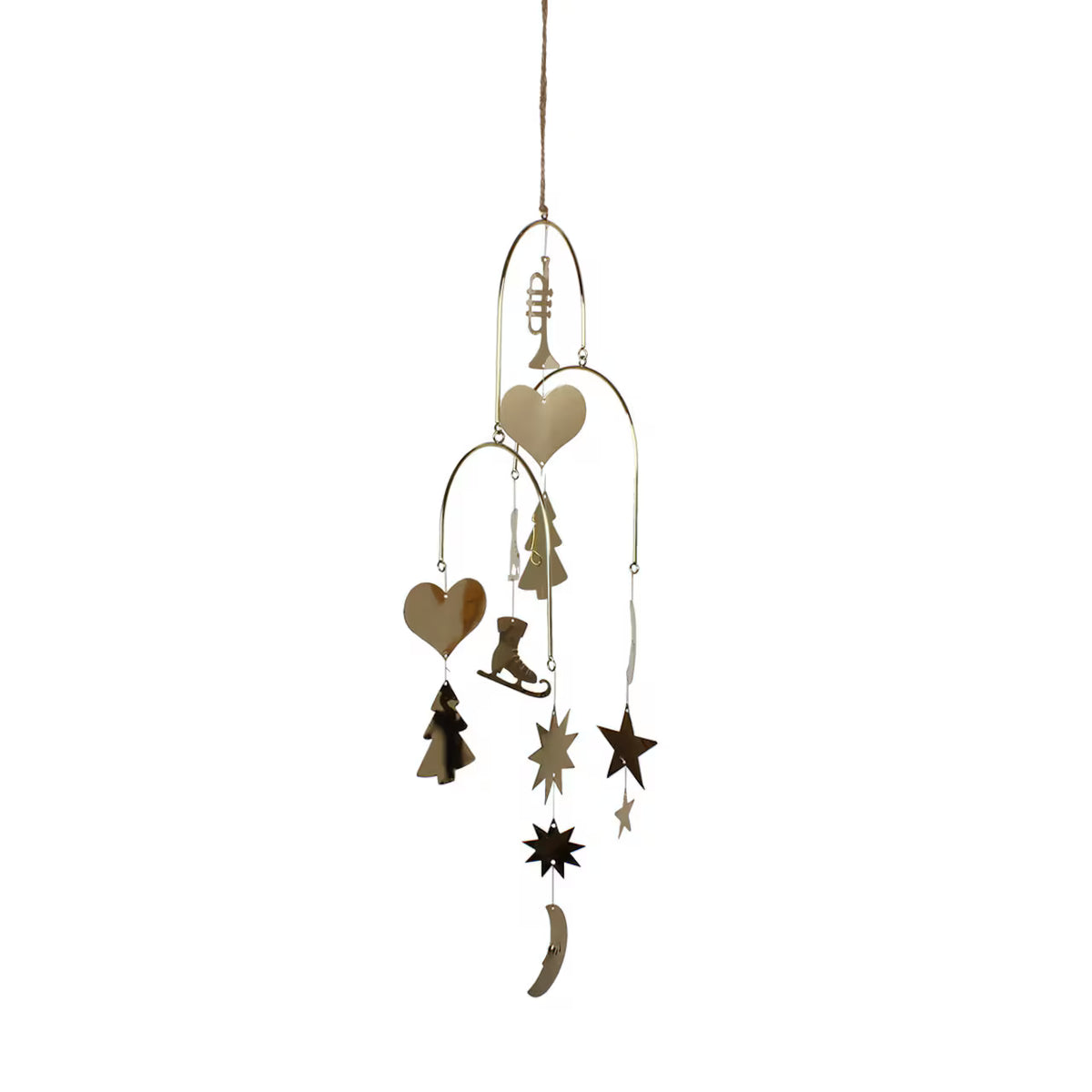 The Mobile Ornament, Brass by Strömshaga features classic Christmas motifs—gold-toned shapes such as hearts, stars, a crescent moon, a Christmas tree, and a skate—gracefully suspended from curved rods on a string against a white background.
