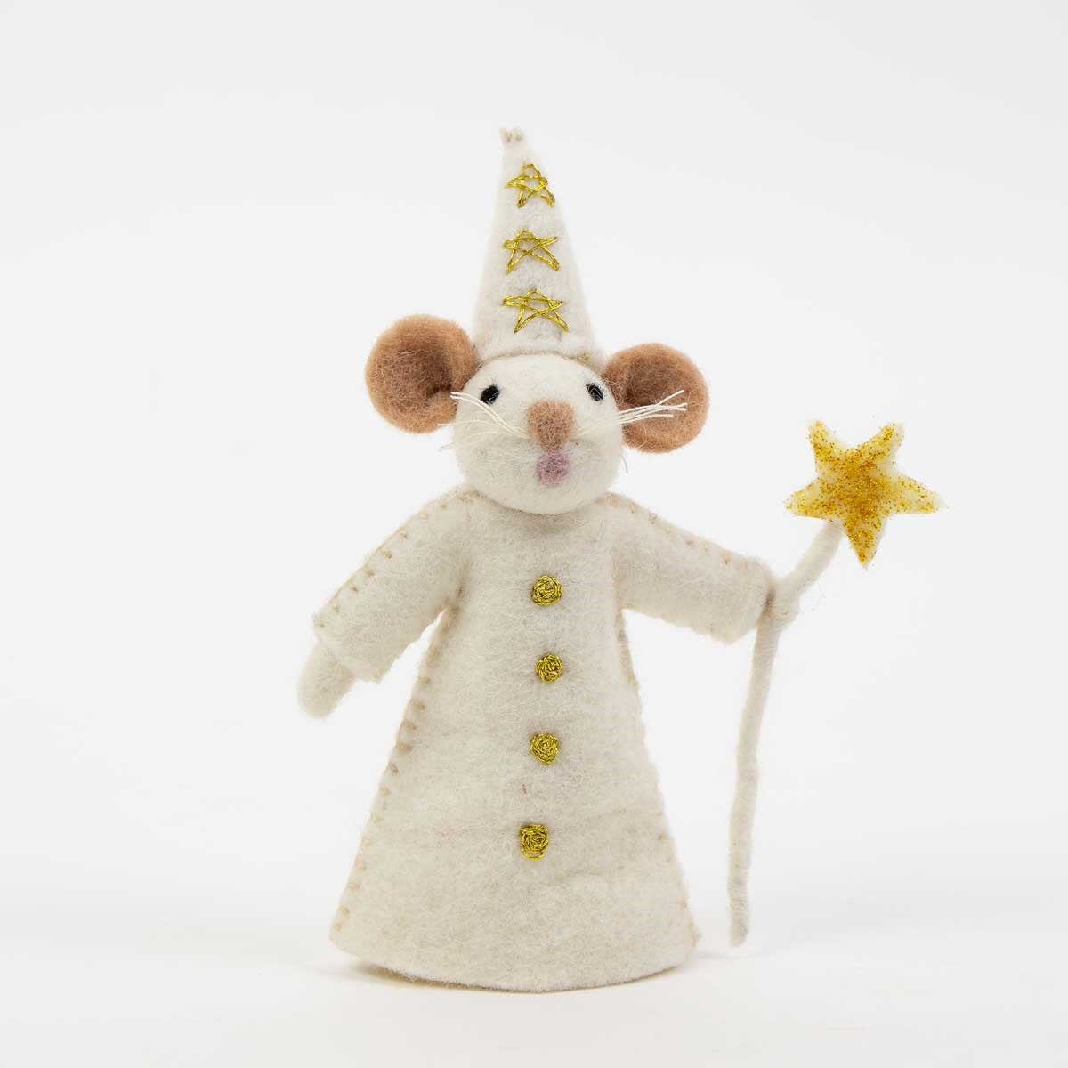 Stjärngosse Star Boy Christmas Ornament, a handmade wool felted mouse wearing a cone hat and robe with gold star accents, holding a star wand.