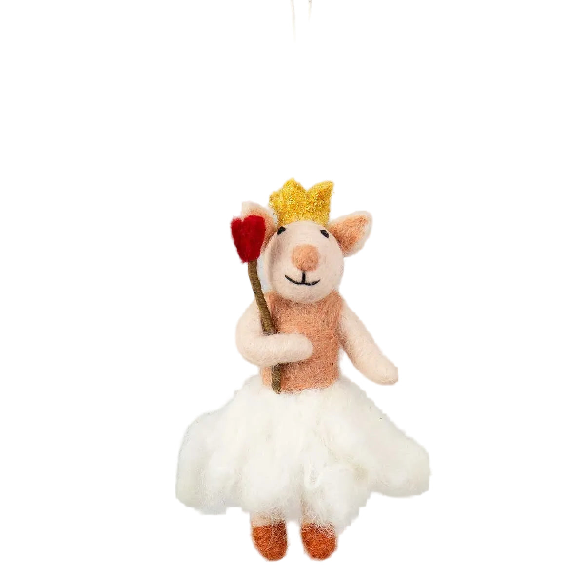 Add a touch of whimsy and elegance to your festive décor with the Mouse Queen Christmas Ornament by A World of Craft. Handmade in wool, this charming holiday decoration features a delightful mouse queen wearing a white tutu and a yellow crown, holding a staff topped with a red heart—all set against a crisp white background.