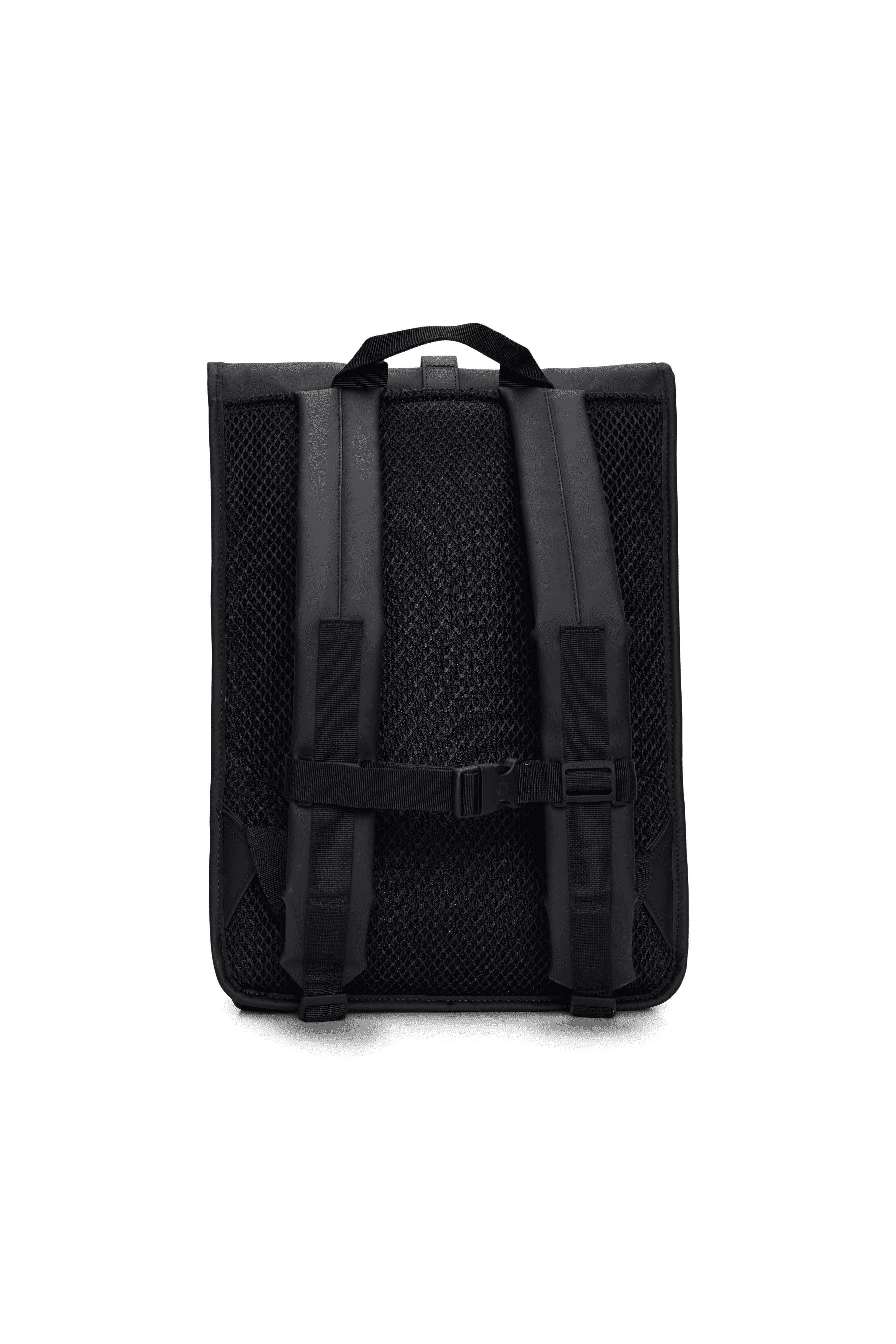 The Rains Rolltop Rucksack Backpack in Black by Rains is displayed from the back, highlighting its two padded shoulder straps, sternum strap, breathable mesh padding, and top handle, all against a white background. This cycle-ready backpack combines everyday functionality with sleek design.