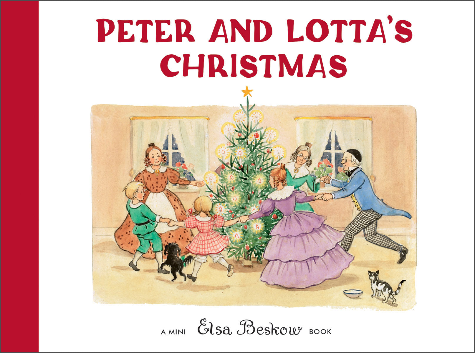 Six people and two cats dance around a festive tree, celebrating Swedish Christmas traditions. The cover shows “Peter & Lotta’s Christmas Mini Edition Book” by Elsa Beskow.