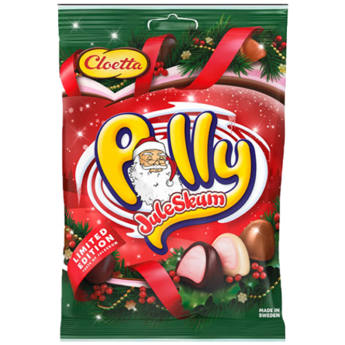 Deli Cloetta Polly Juleskum – Christmas Marshmallow Chocolate 150g is a festive, limited-edition treat with chocolate-covered marshmallows filled with red and white Juleskum flavor, in holiday-themed red and green packaging featuring Santa.