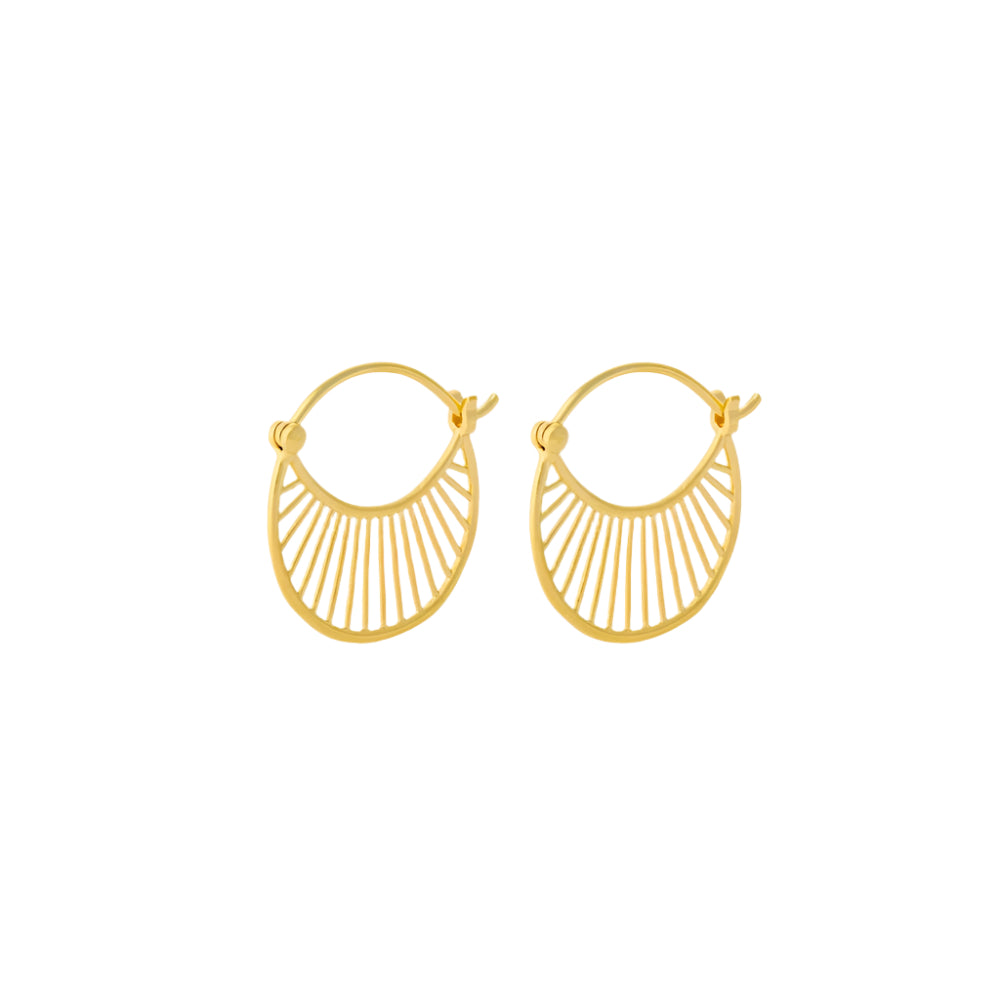 The Daylight Earrings in Gold by Pernille Corydon feature a fan-like openwork hoop design, part of the beautiful Daylight collection, shown against a white background.