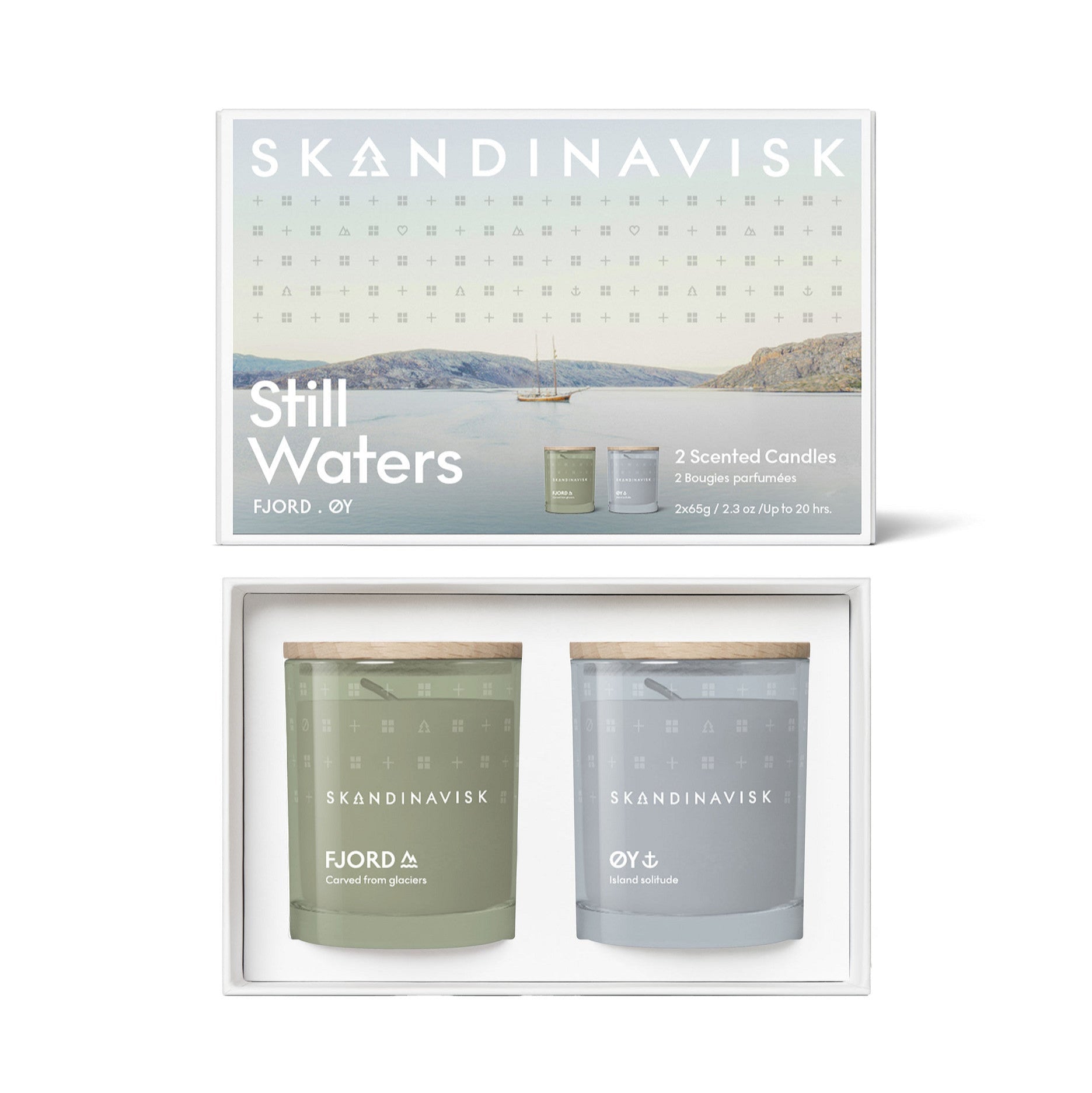 Still Waters Mini Giftset featuring Fjord and Øy scented candles in elegant packaging.