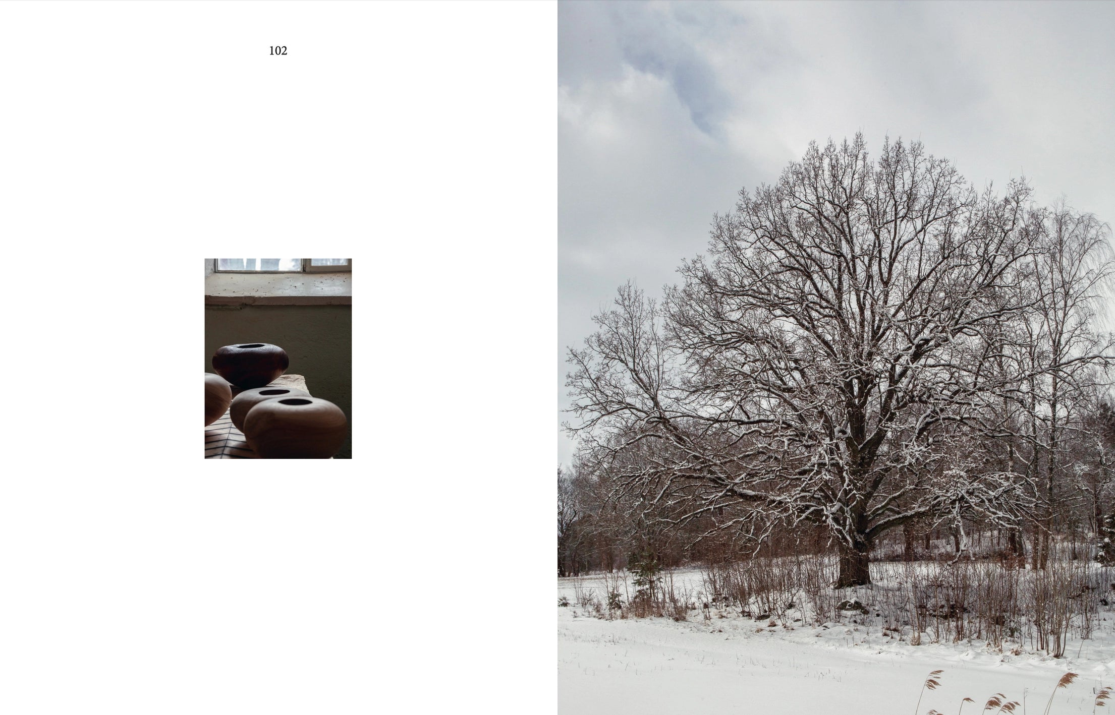 On the left, a small photo of Cozy Publishing’s "Genuine – Handmade Beauty from the North" book shows four round clay pots on a shelf beneath a window; to the right, a snowy field holds a large leafless tree under clouds.