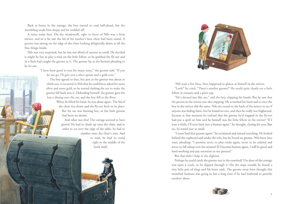 A boy in a red cap, evocative of Nils from Selma Lagerlöf’s “The Wonderful Adventures of Nils” by Selma Lagerlöf, gazes at his reflection in a tabletop mirror. Beside him, a woman is seated at a desk. Inset: an illustration featuring the mirror on the right. Another small image shows wooden shoes on the floor—recalling scenes from “The Wonderful Adventures of Nils.”.