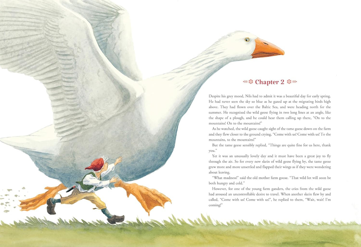 A whimsical scene inspired by Selma Lagerlöf’s *The Wonderful Adventures of Nils Book* depicts a boy in a red cap running across grassy terrain, holding onto the leg of a large white goose with outstretched wings as it flies just above the ground—a nod to the beloved Swedish classic.