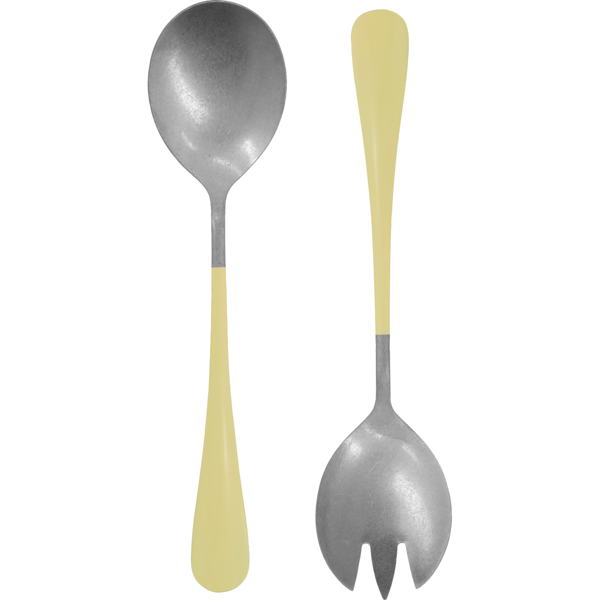 The Nicolas Vahé Salad Set in Stainless Steel, Yellow, features a metal serving spoon and fork with yellow handles and an antique silver finish, displayed side by side on a white background.