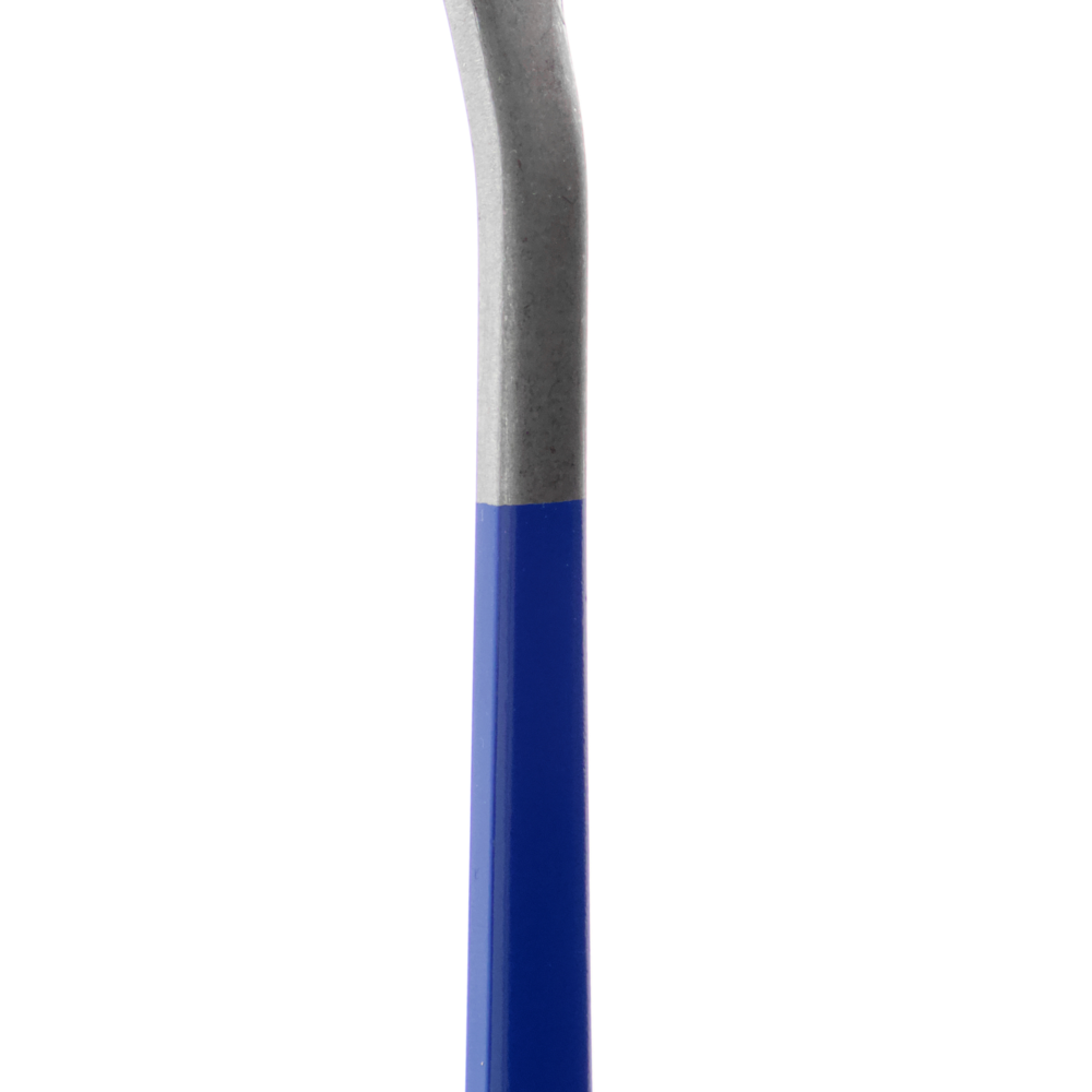 A close-up of the Nicolas Vahé Salad Set in Stainless Steel, Blue shows a slightly bent utensil with a blue-coated lower part and silver stainless steel upper part, set against a plain white background.