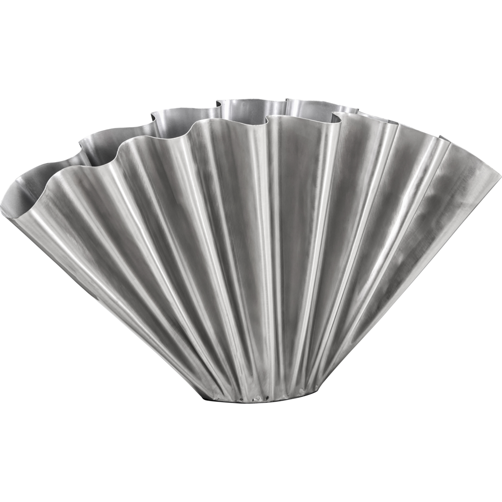 The Vase, Flood by House Doctor features a fan-like shape with vertical ridges and a shiny brushed silver finish, resembling a pleated sheet of metal.