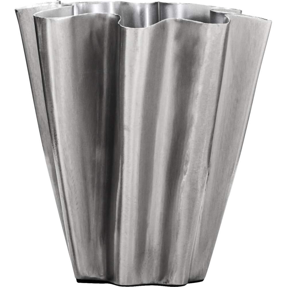 The House Doctor Vase Flood in brushed silver finish features a small size, wavy fluted design, shiny surface, and organic sculptural shape—ideal for adding a modern touch to your home décor.