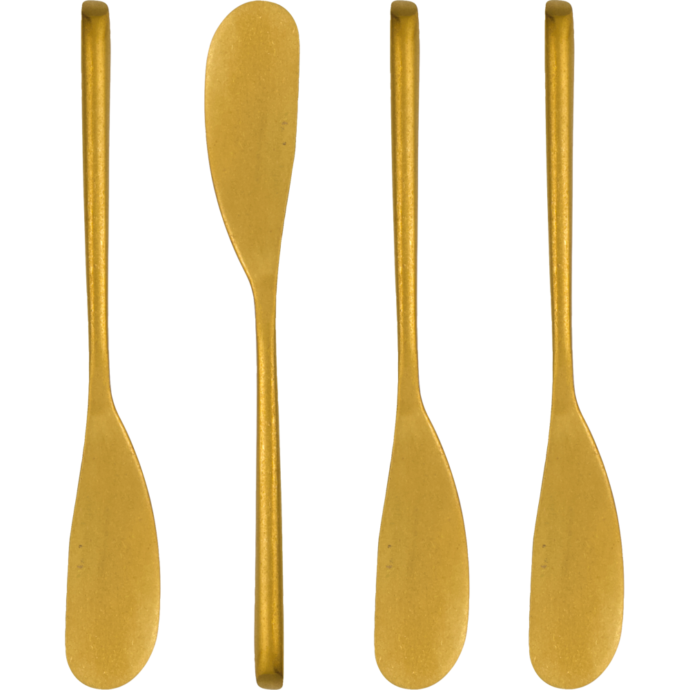 The Nicolas Vahé Butter Knives, Antique Gold Finish, Set of 4 are displayed vertically on a white background—one edge-on in the center and three flat—highlighting their rounded blades and smooth handles for an elegant touch to any occasion.