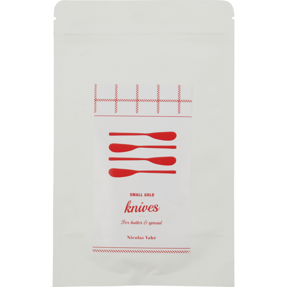 A white box labeled with red knife illustrations and "Small Gold knives for butter & spread" displays the Nicolas Vahé Butter Knives, Antique Gold Finish, Set of 4—an elegant luxury butter knife set.