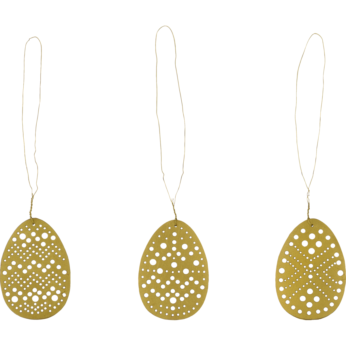 House Doctor Easter ornaments: set of 3 brass eggs with intricate cut-out designs and hanging strings, displayed in a row on a white background.