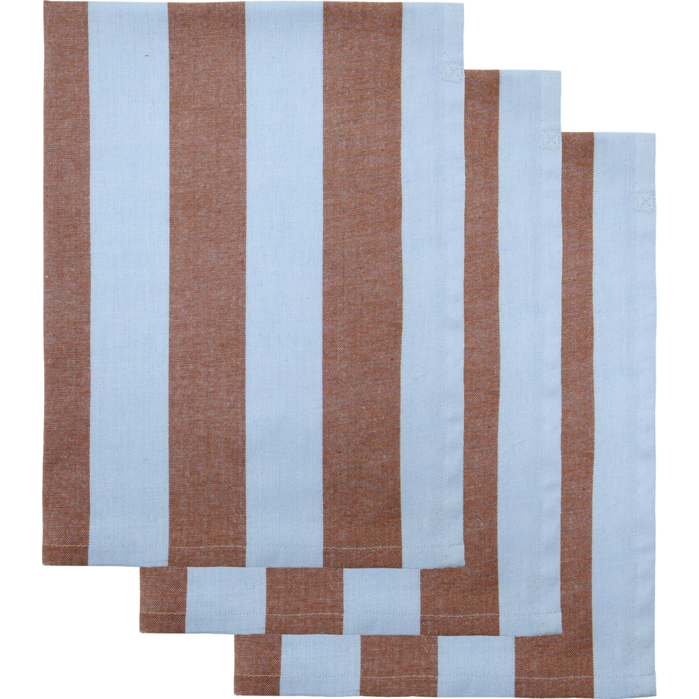 A set of three rectangular cotton Tea Towels Cook by House Doctor, featuring alternating vertical stripes in light blue and brown, stacked with offset lower edges on a white background.