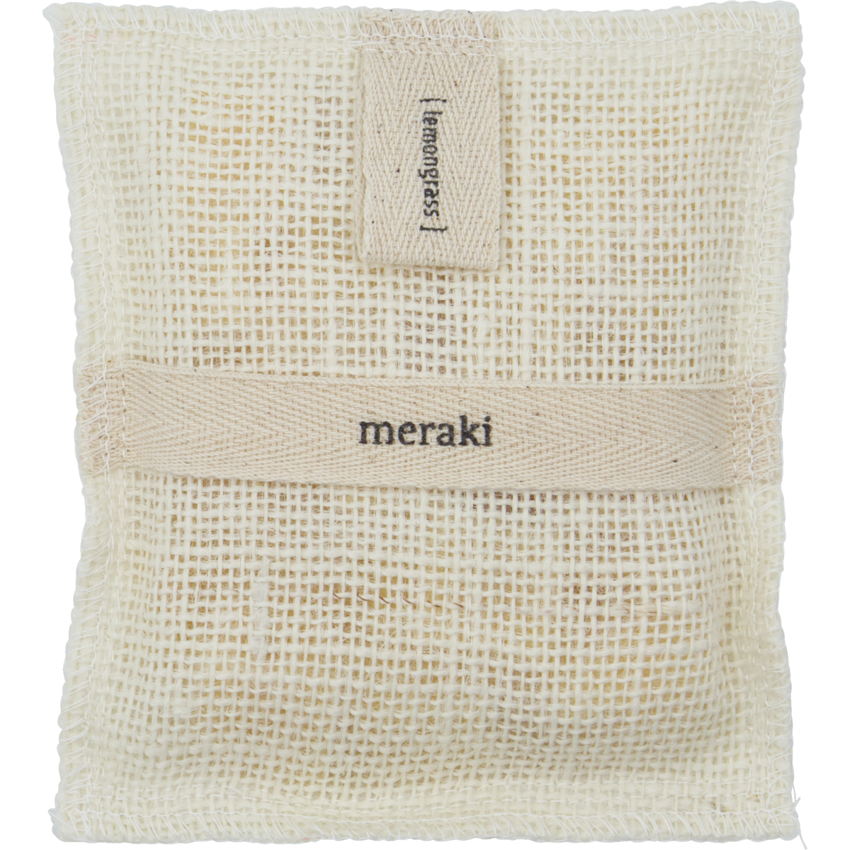 A beige woven pouch labeled Meraki holds a jute bath mitt filled with lemongrass; a small tag reading "lemongrass" is attached to the top, though the contents are not visible.