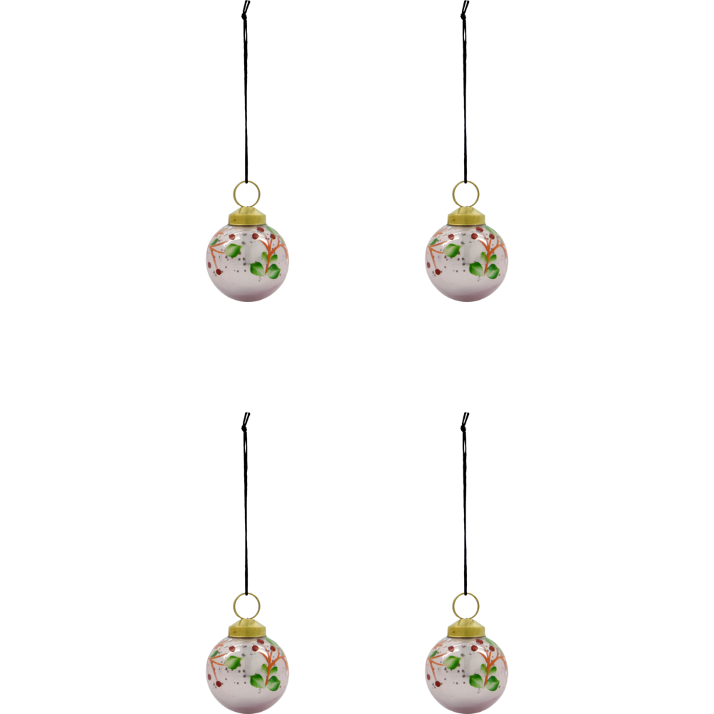 A set of four House Doctor Christmas Ornament Baubles Set of 4, Antique Pink Handpainted, featuring round, handpainted pink glass decorated with green leaves and red berries, each topped with a gold cap and a black hanging string.