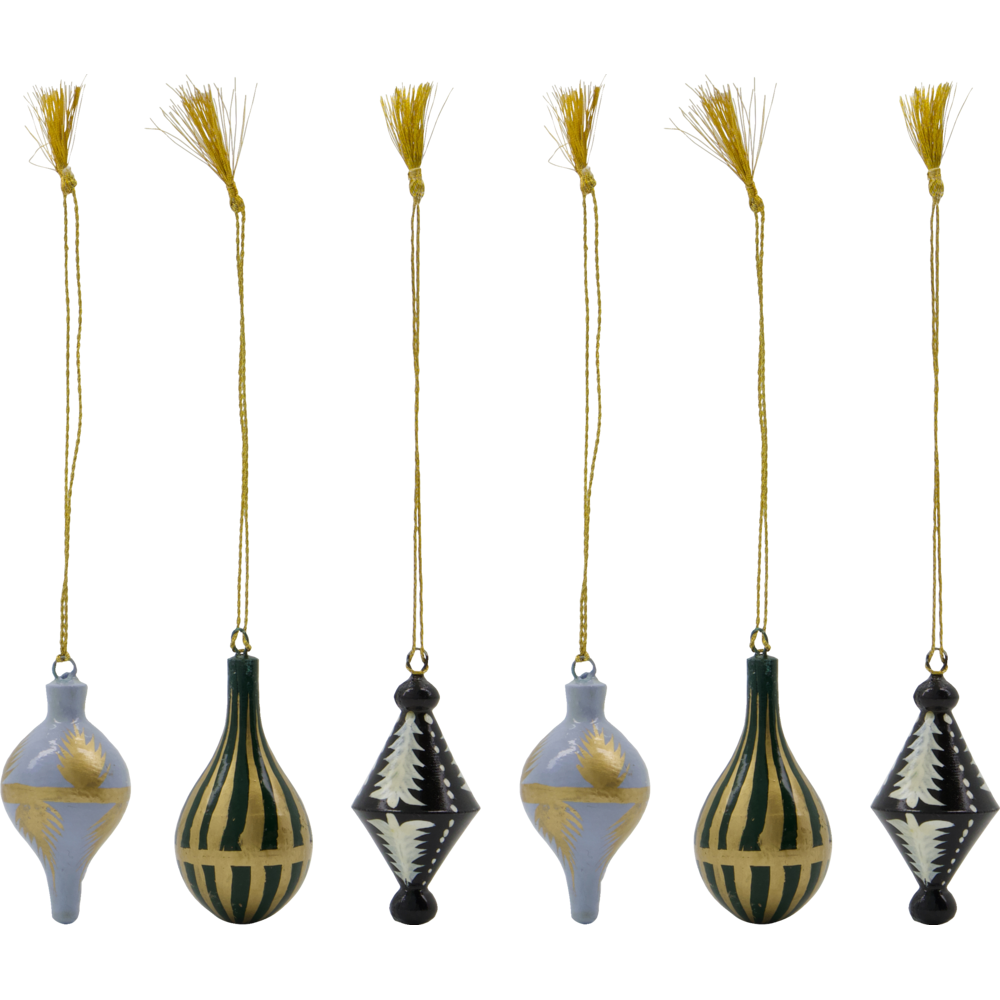 Six handmade wooden Christmas ornaments from the House Doctor Christmas Ornaments Stero Set of 6, featuring gold hanging tassels and various teardrop and diamond shapes with a painted finish and striped patterns.