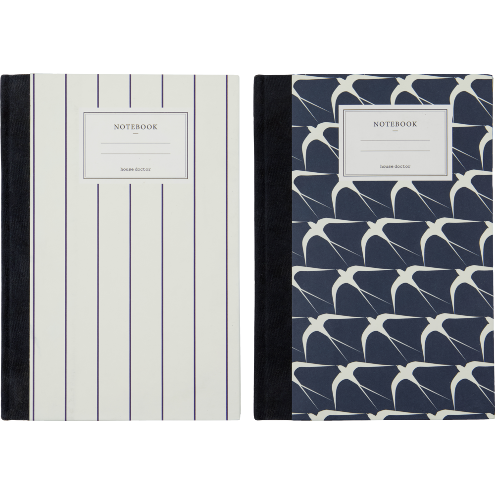 The House Doctor Notebook / Journal, Sand & Birds set includes two lined notebooks: one with a white cover and blue stripes, the other dark blue with a white wave pattern. Both feature black spines and "NOTEBOOK" labels—perfect for daily planning.