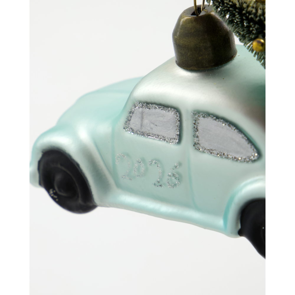 House Doctor Car Bauble Ornament with Tree 2026, Light Blue & Silver, shaped like a light blue car with silver windows, the number 2026 on the door, and a small Christmas tree on its roof.
