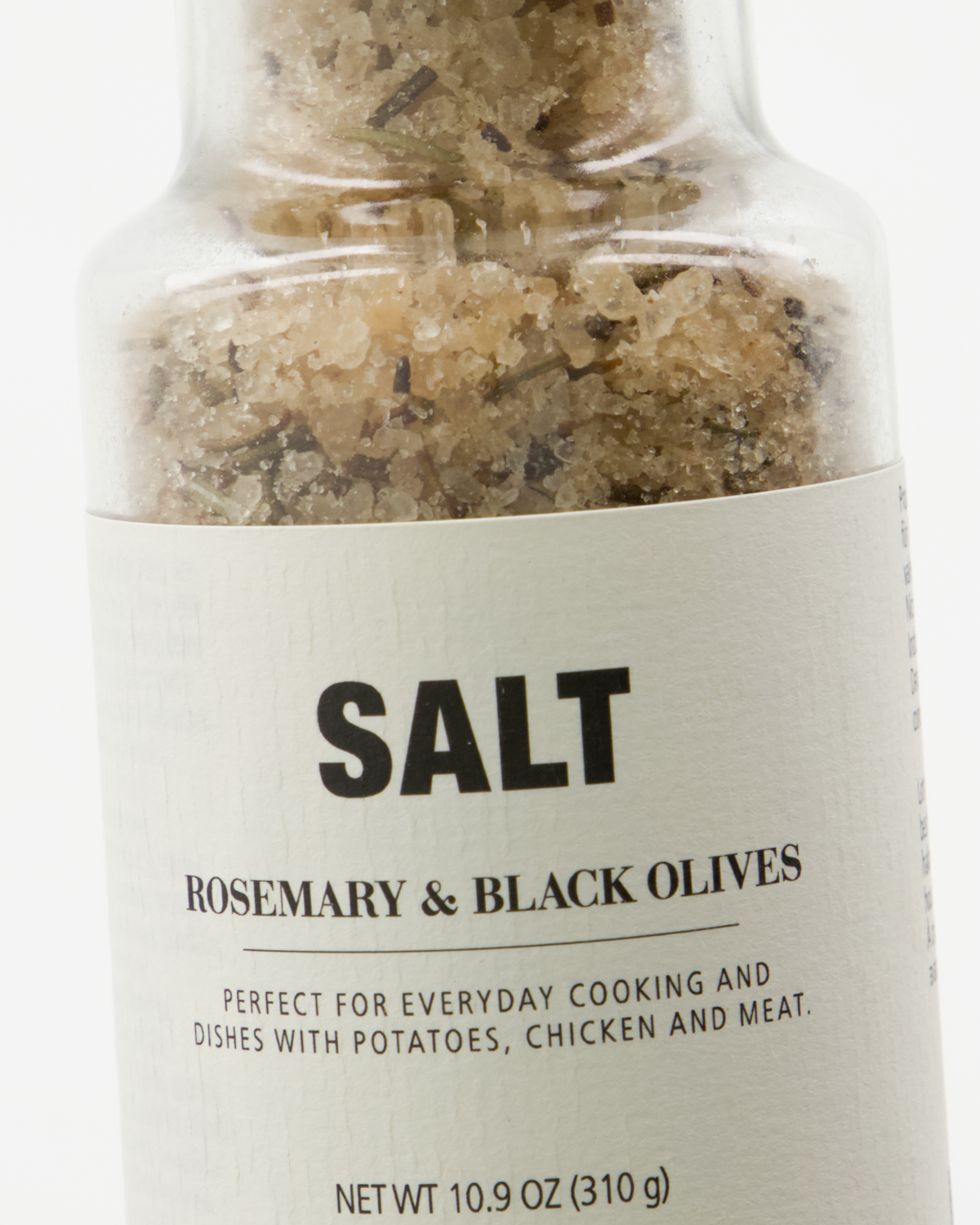 Nicolas Vahé Salt, Rosemary & Black Olives is a 10.9 oz (310 g) glass jar of sea salt blended with rosemary, herbs, and olives—perfect for cooking and pairing with potatoes, chicken, or meat.