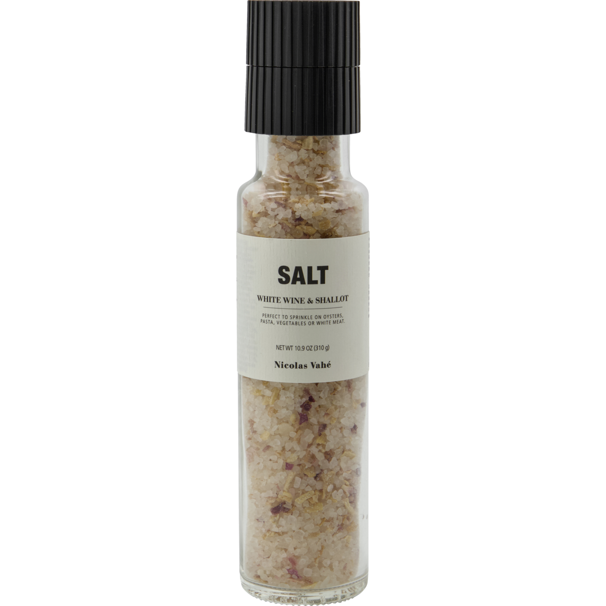 A clear glass grinder bottle of Nicolas Vahé Salt, White Wine & Shallot, featuring sea salt blended with white wine and shallots.