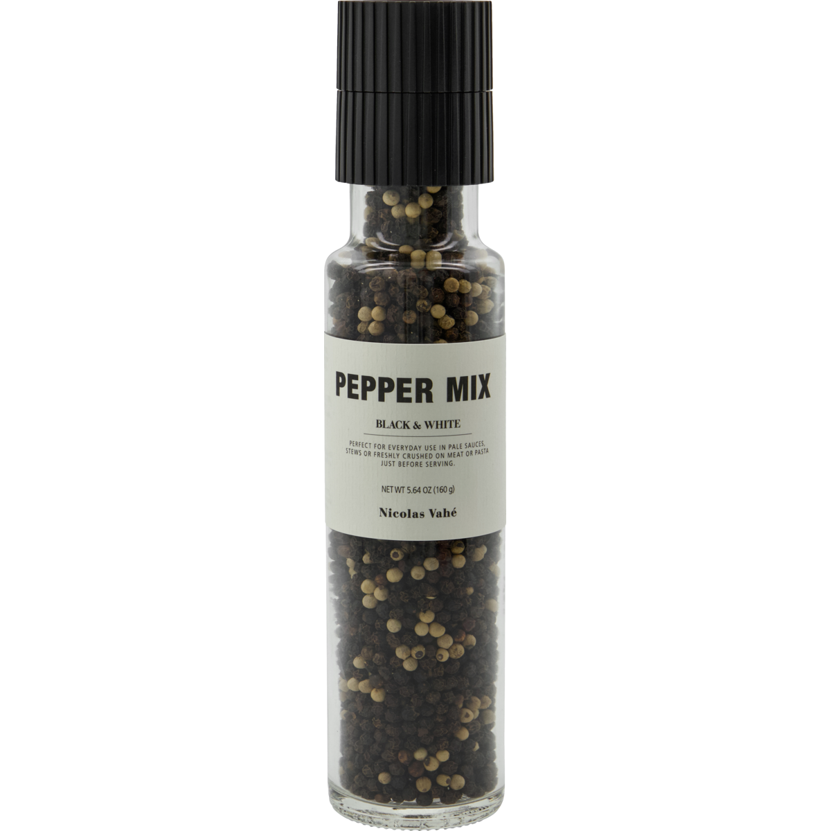 The Nicolas Vahé Pepper Mix, Black & White features black and white peppercorns in a clear glass bottle with a black grinder top and a white label with black text, perfect for daily seasoning.