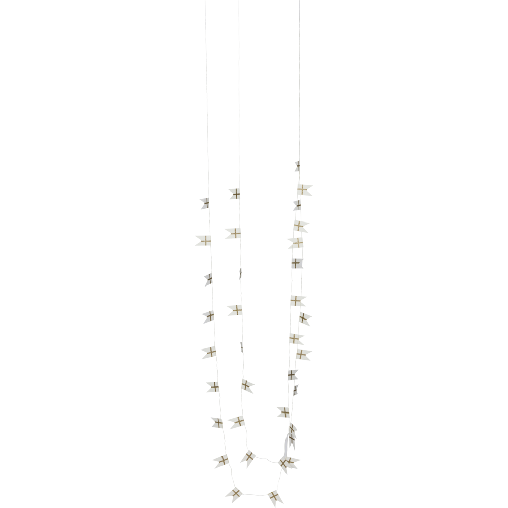 A long Garland Flags in White & Champagne string decorated with small, pale triangular flags.