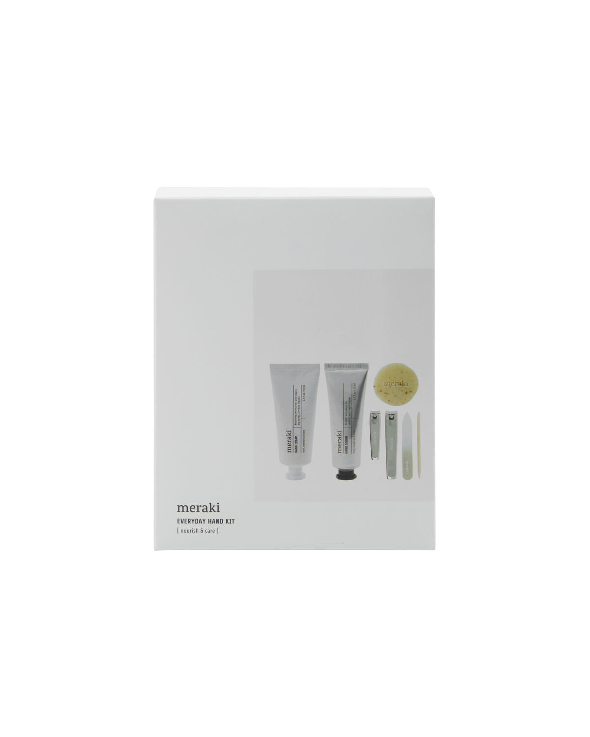 A white box labeled “Meraki Gift Box” showcases images of hand cream, hand serum, soap, and a nail kit—featuring all the essential items for complete hand and nail care—displayed on the front against a plain white background.