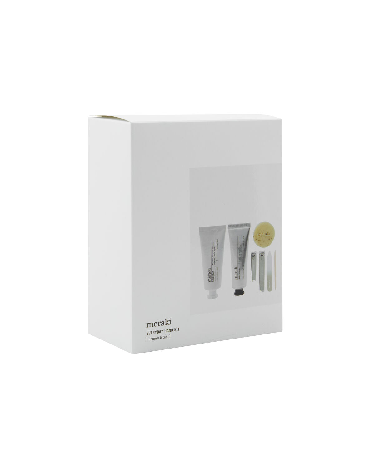 White box labeled “Meraki Gift Box” featuring images of a hand cream, hand serum, soap, and a nail kit on the front. The minimalistic packaging in gray and white tones highlights a clean aesthetic that perfectly showcases your essential hand care products from Meraki.
