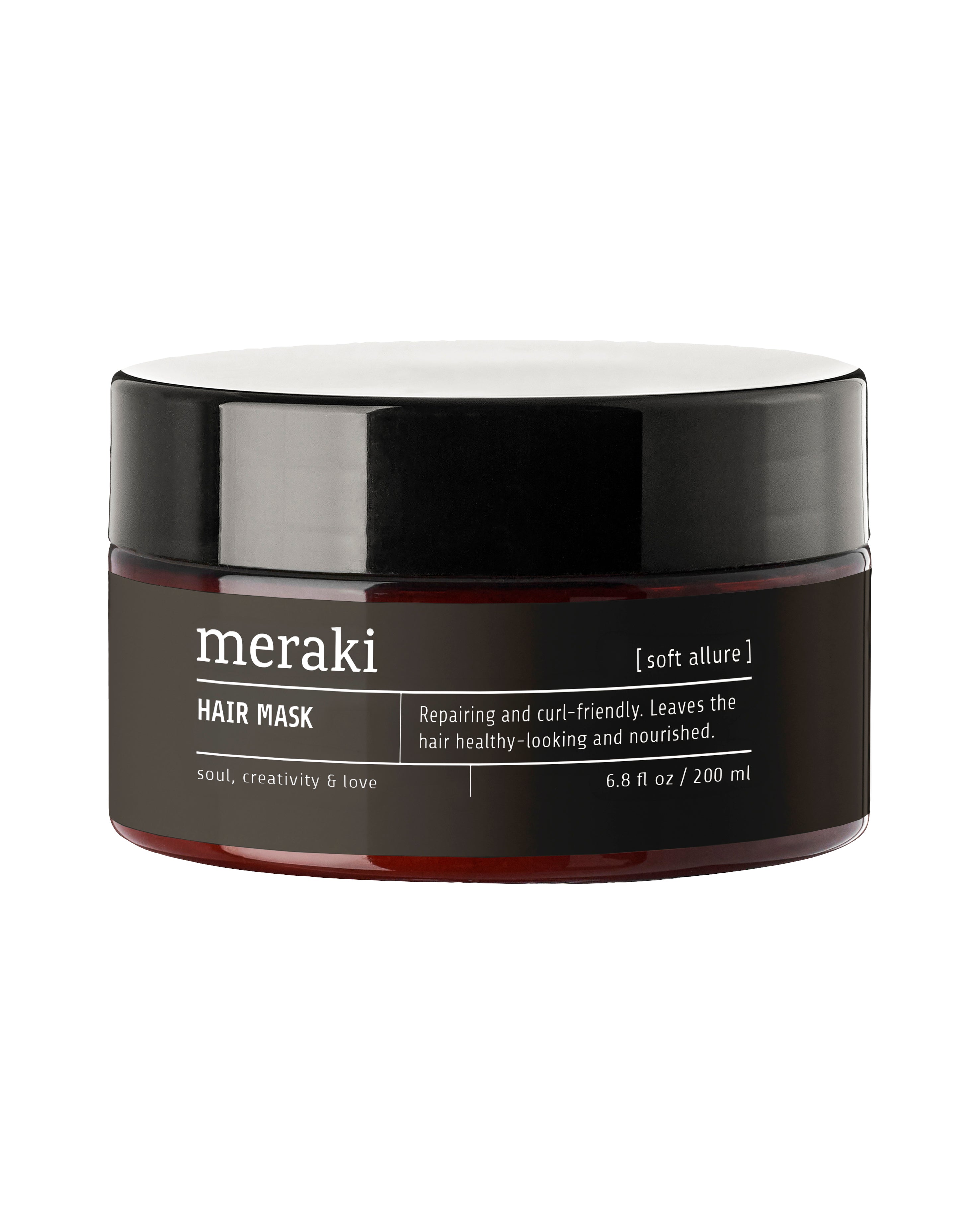 A 6.8 fl oz (200 ml) brown jar of Meraki Hair Mask, Soft Allure, featuring text highlighting its repairing and curl-friendly benefits—ideal for nourishing and supporting healthy hair as part of your curl-friendly care routine.