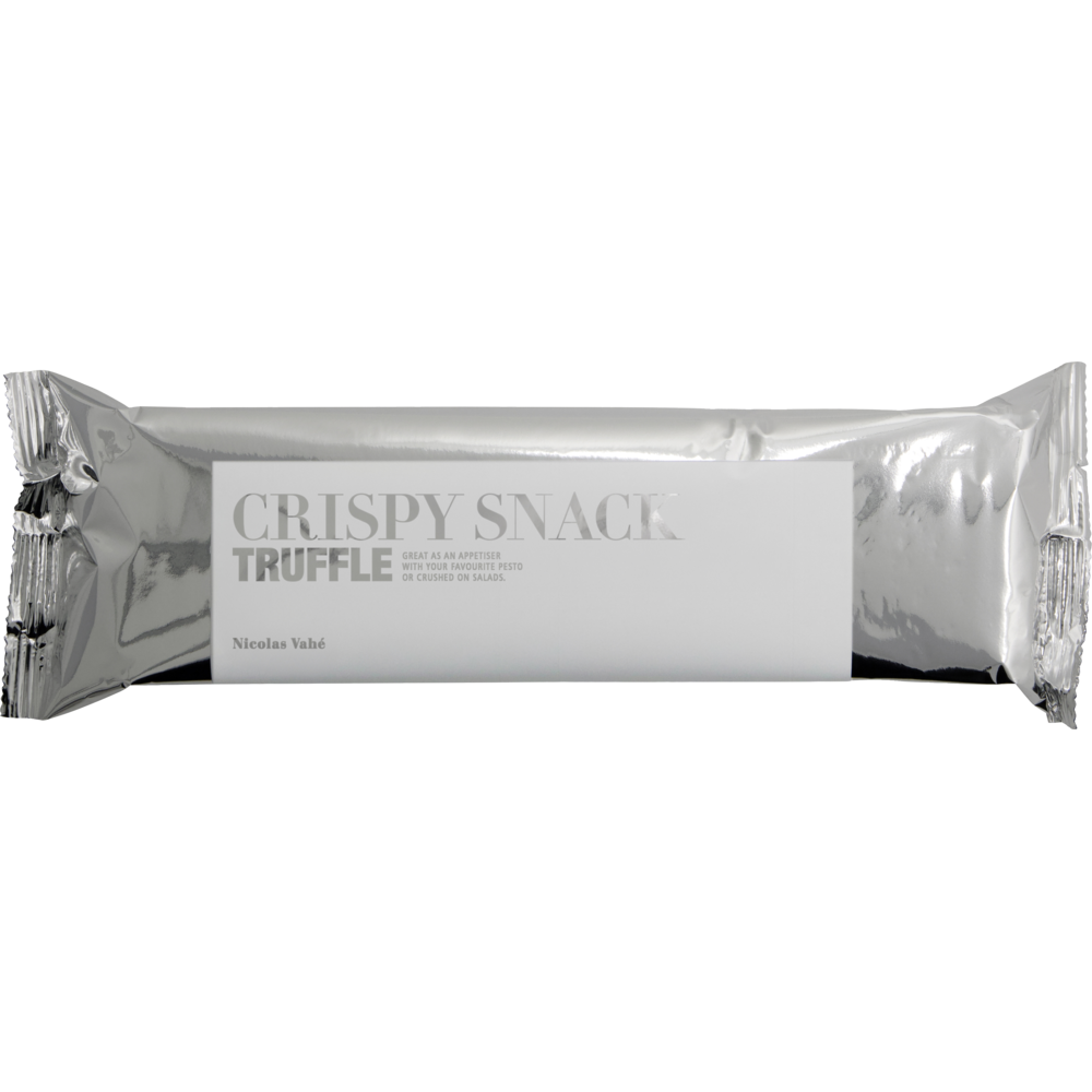 A silver-wrapped snack bar featuring minimalist white packaging with subtle grey text, labeled "Crispy Snack, Truffle." The wrapper highlights its premium truffle flavor and crunchy texture, while the brand name Nicolas Vahé appears in smaller text on the lower left side.